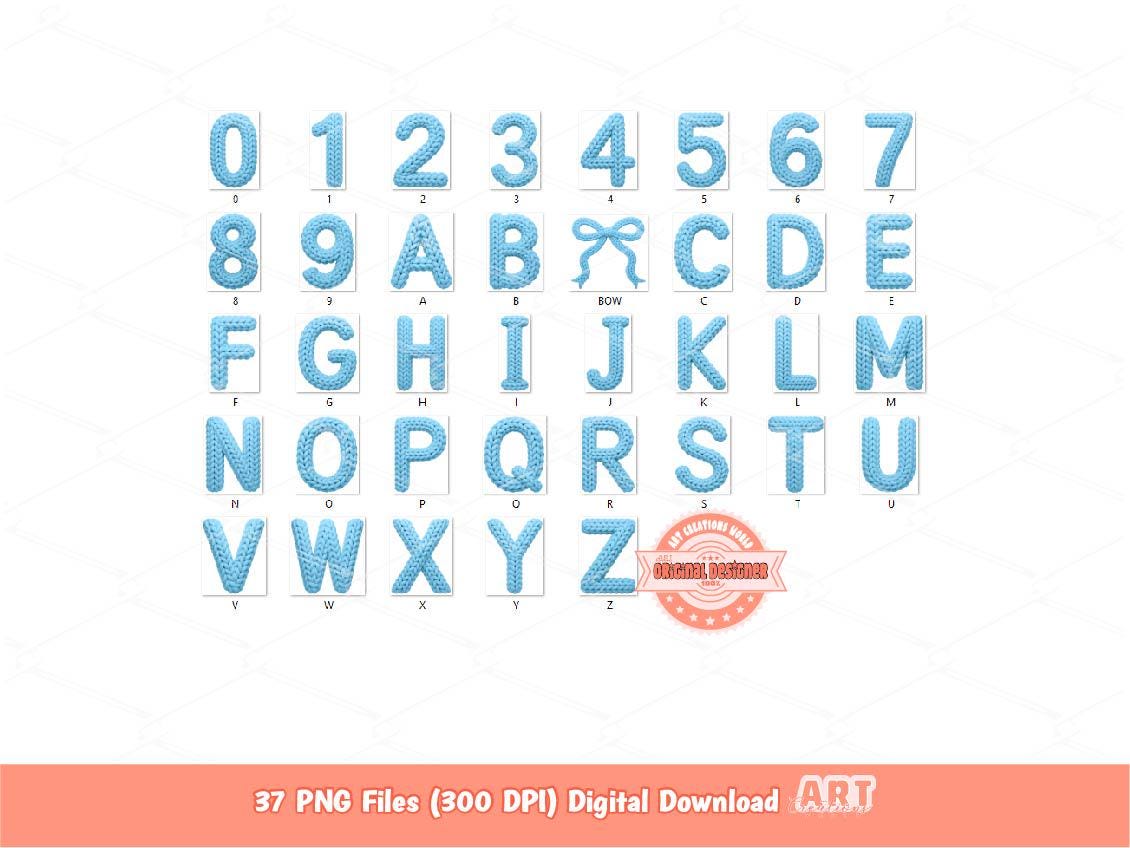 Faux Yarn Blue Alphabet PNG, Coquette Crochet Letters & Numbers Clipart (Digital Download)