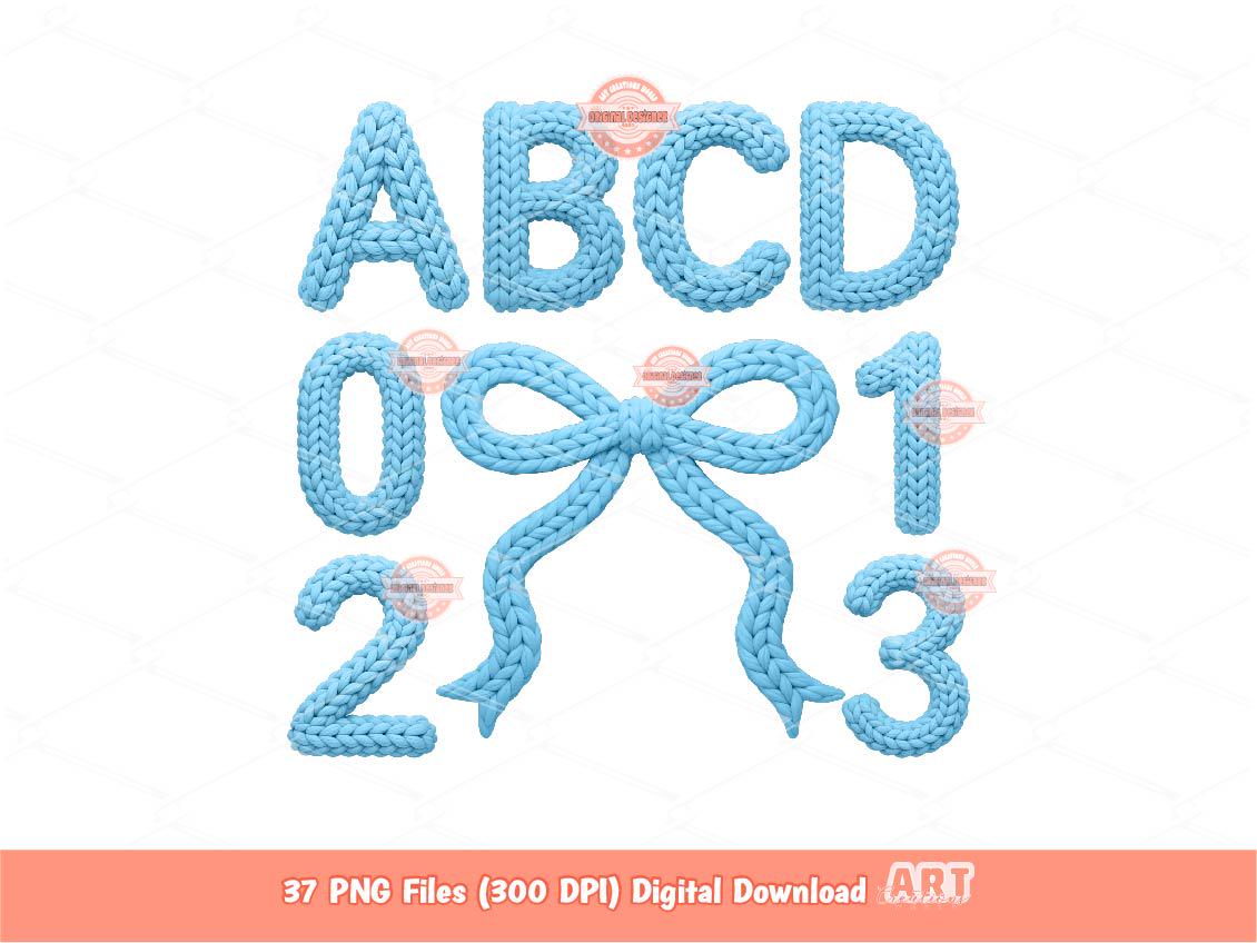 Faux Yarn Blue Alphabet PNG, Coquette Crochet Letters & Numbers Clipart (Digital Download)