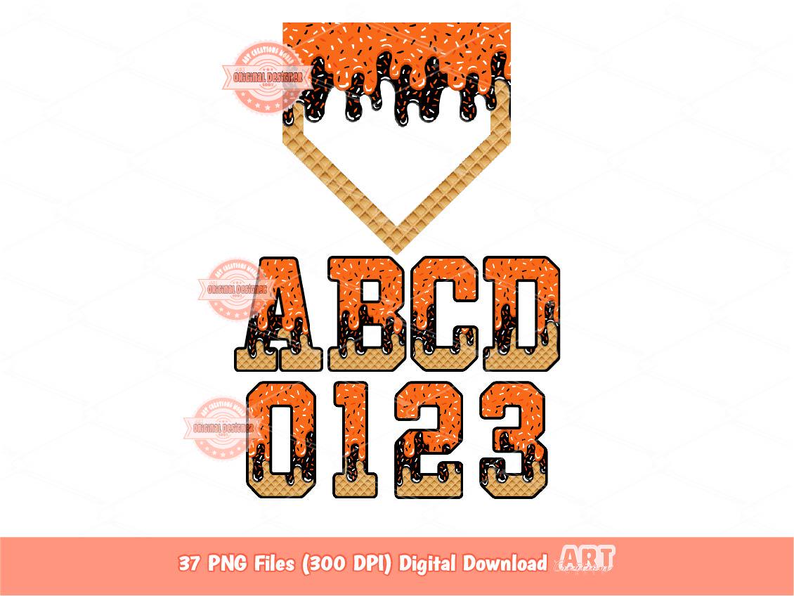 Drippy Varsity Alphabet PNG Bundle, Drip Orange & Black Letters, Numbers, Baseball Home Plate Clipart