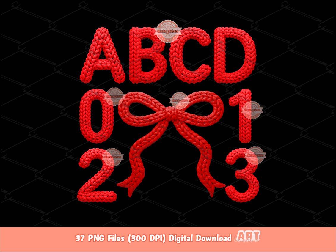 Red Faux Yarn Alphabet PNG, Coquette Crochet Knitted Letters & Numbers Clipart (Digital Download)