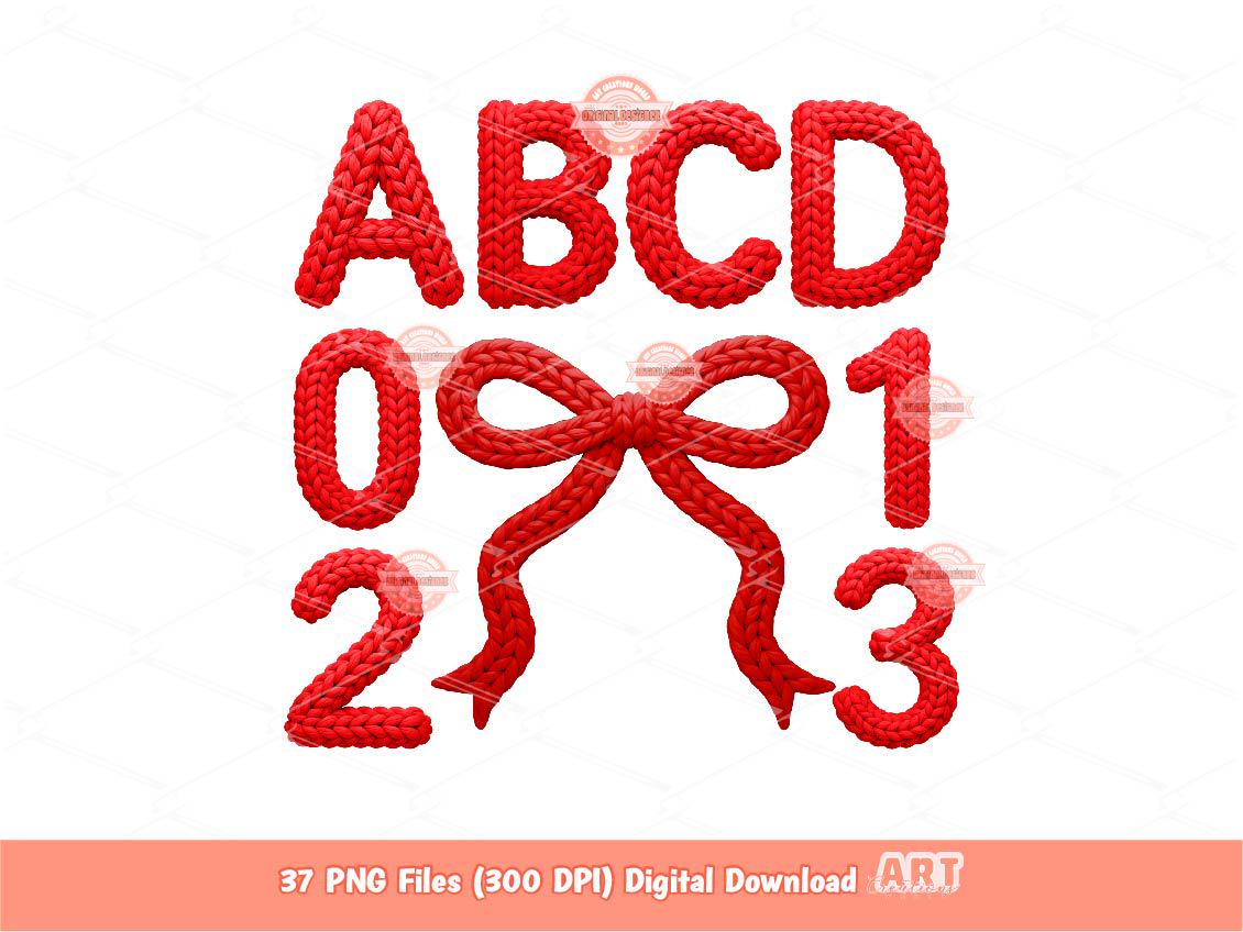 Red Faux Yarn Alphabet PNG, Coquette Crochet Knitted Letters & Numbers Clipart (Digital Download)