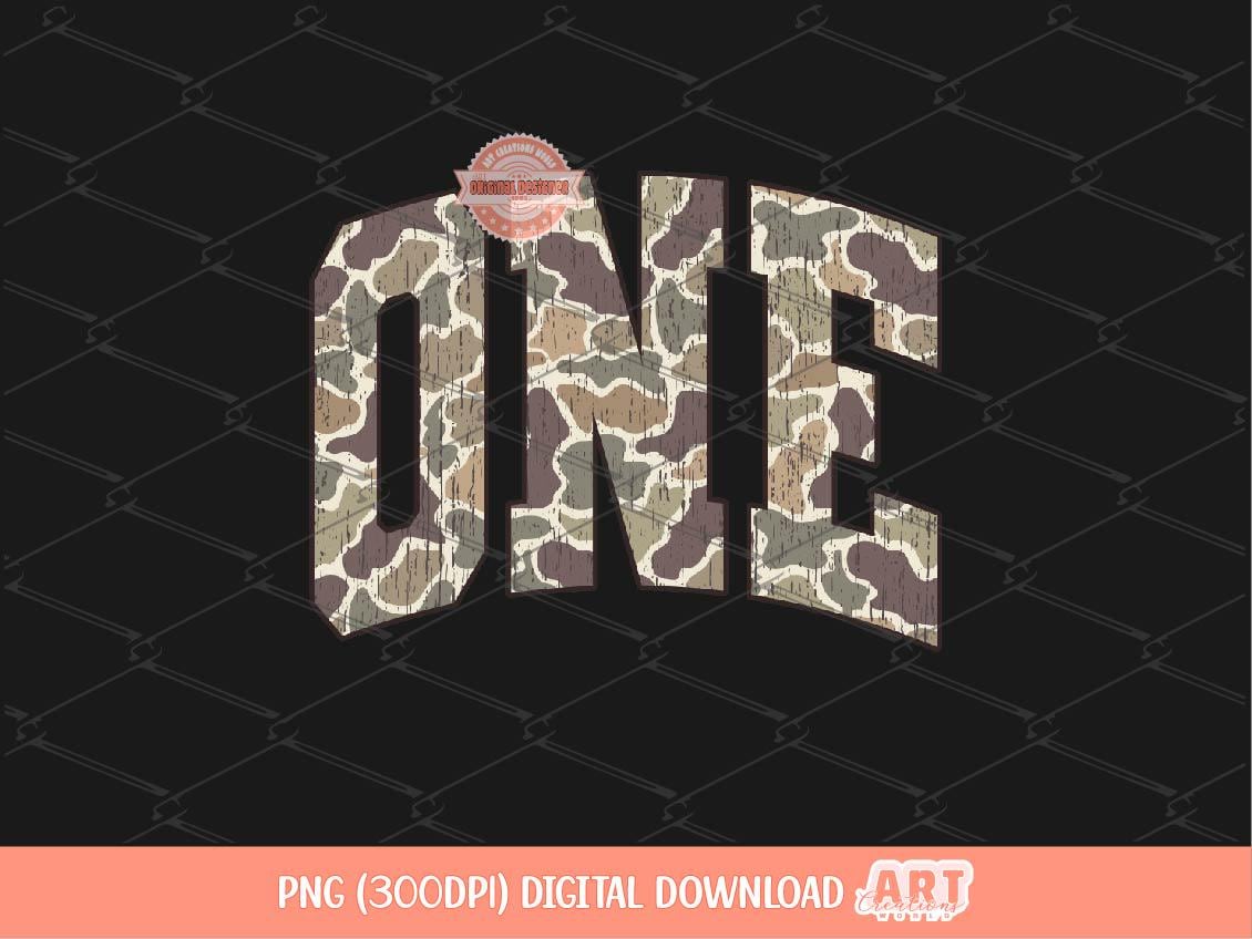 One Grunge Camo PNG: Distressed Varsity First Birthday Shirt Design (Digital Download)