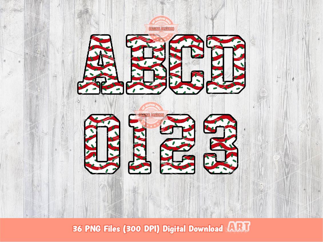 Christmas Varsity Alphabet PNG, Tree Cake Letters & Numbers Clipart (Digital Download)