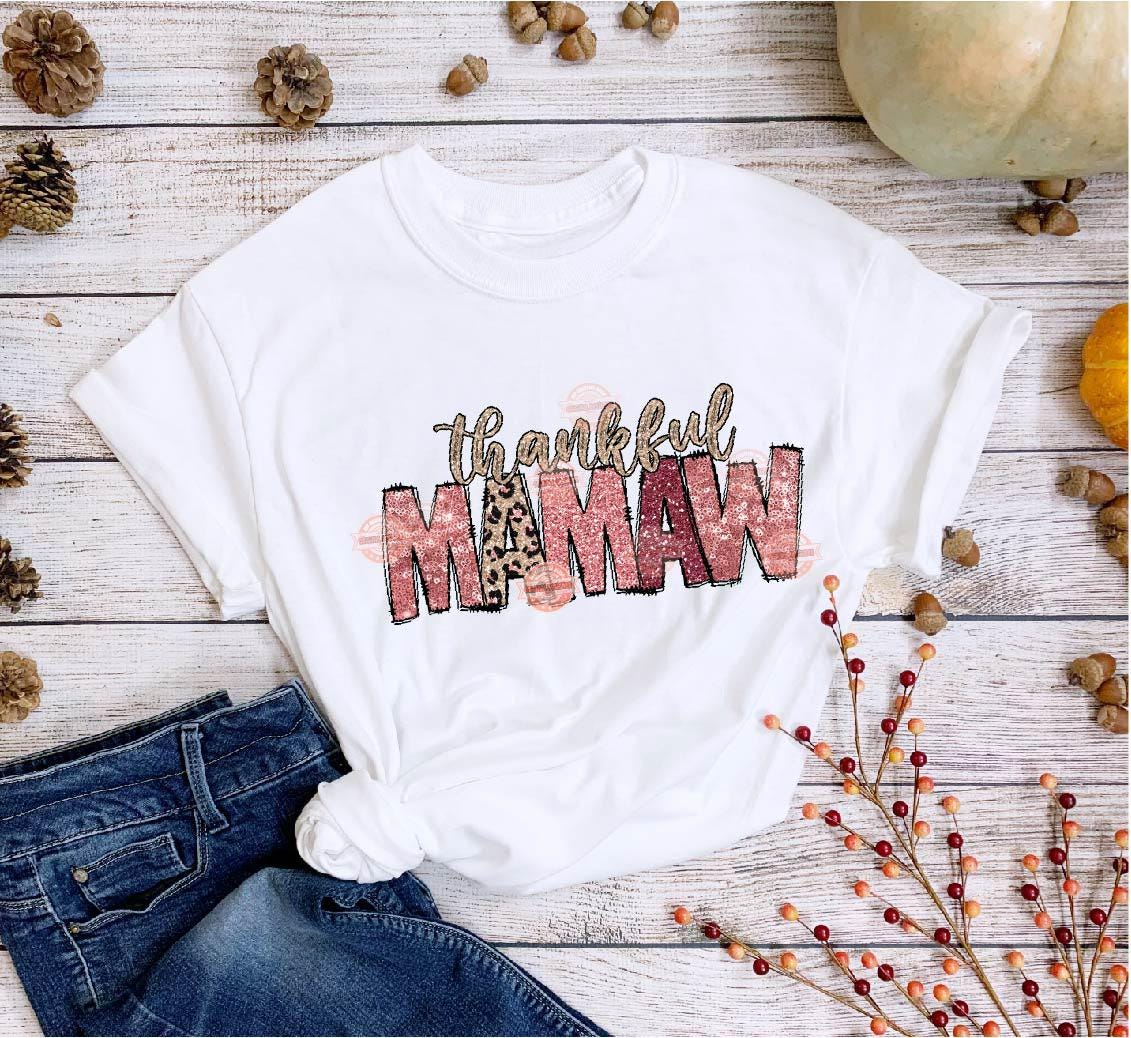 Thankful Mamaw PNG, Pink Leopard Sequin Thanksgiving Grandma Shirt Design (Digital Download)