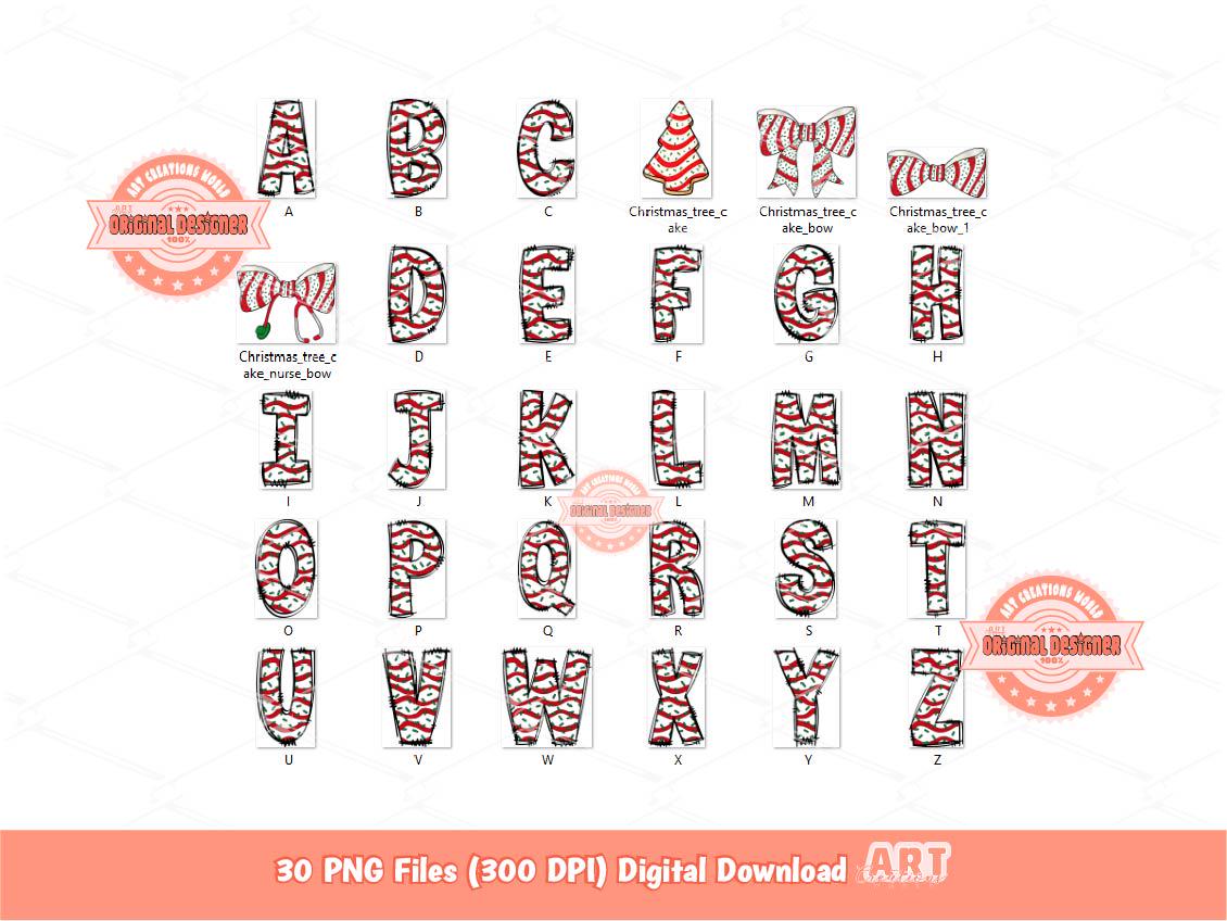 Christmas Tree Cake Alphabet PNG Bundle, Coquette Doodle Letters & Stethoscope Nurse Bow Clipart Download