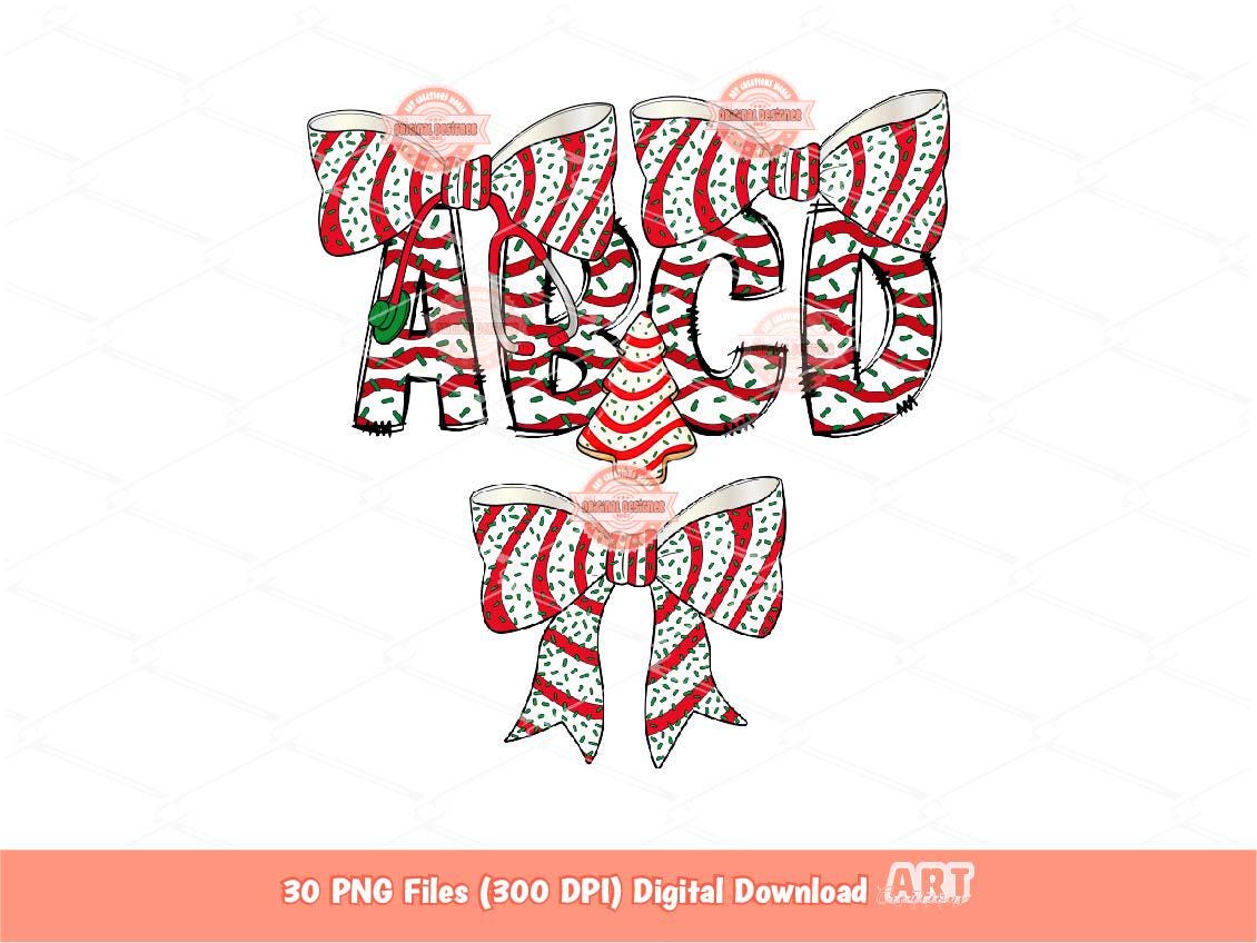 Christmas Tree Cake Alphabet PNG Bundle, Coquette Doodle Letters & Stethoscope Nurse Bow Clipart Download