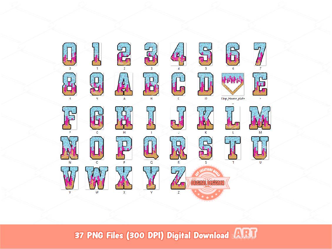 Drip Ice Cream Alphabet Home Plate PNG Bundle: Drippy Sports Letters & Numbers Clipart