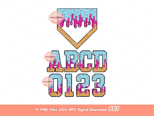 Drip Ice Cream Alphabet Home Plate PNG Bundle: Drippy Sports Letters & Numbers Clipart