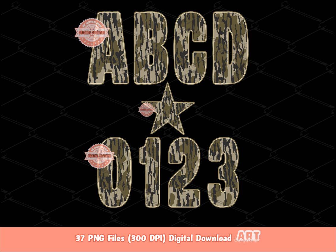 Bottomland Camo Alphabet PNG, Hunting Army Letters & Numbers Clipart (Digital Download)