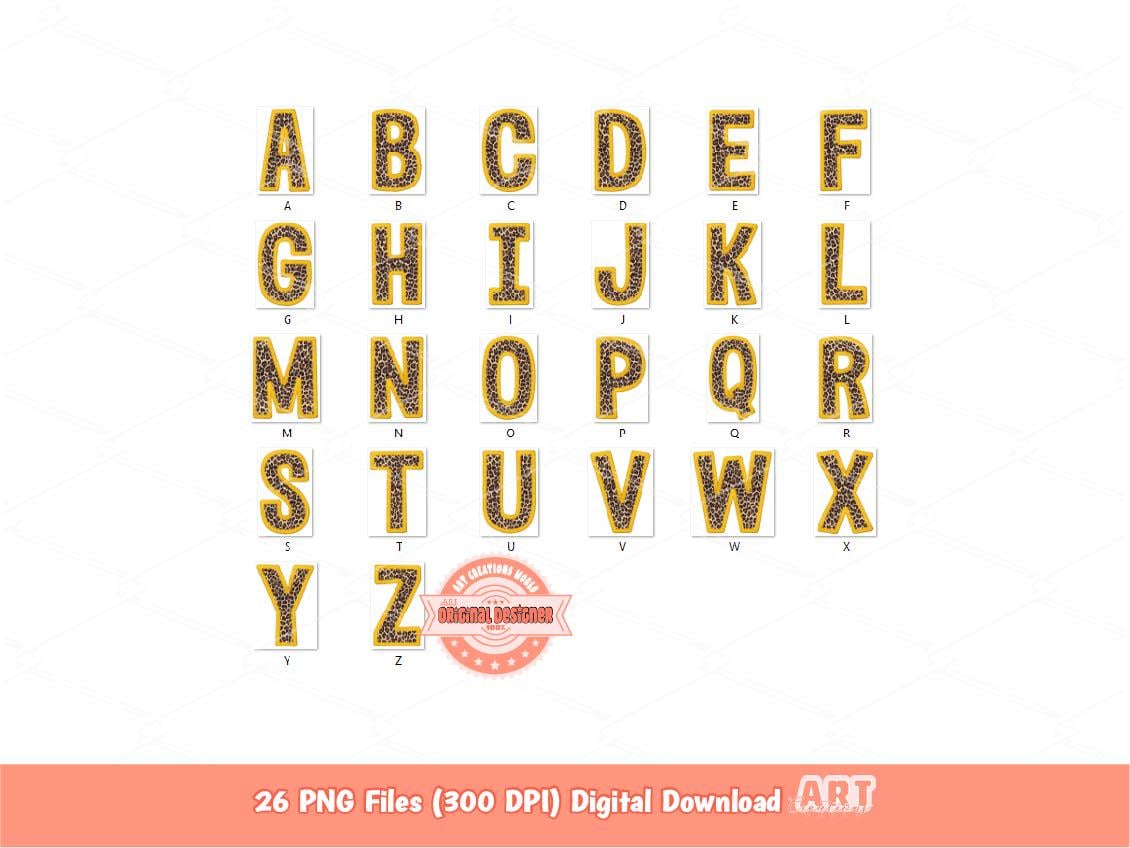 Gold Leopard Print Letters PNG, Faux Embroidery Alphabet Clipart (PNG Digital Download)