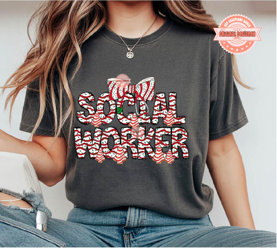 Social Worker Christmas Tree Cake PNG, Coquette bow Sublimation Healthcare Shirt Design Digital Download