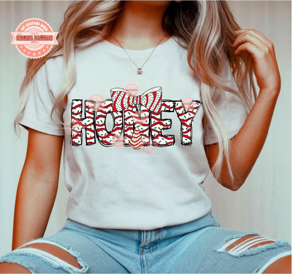 Honey Christmas Tree Cake PNG, Coquette bow Sublimation Holiday Crew Shirt Design Digital Download