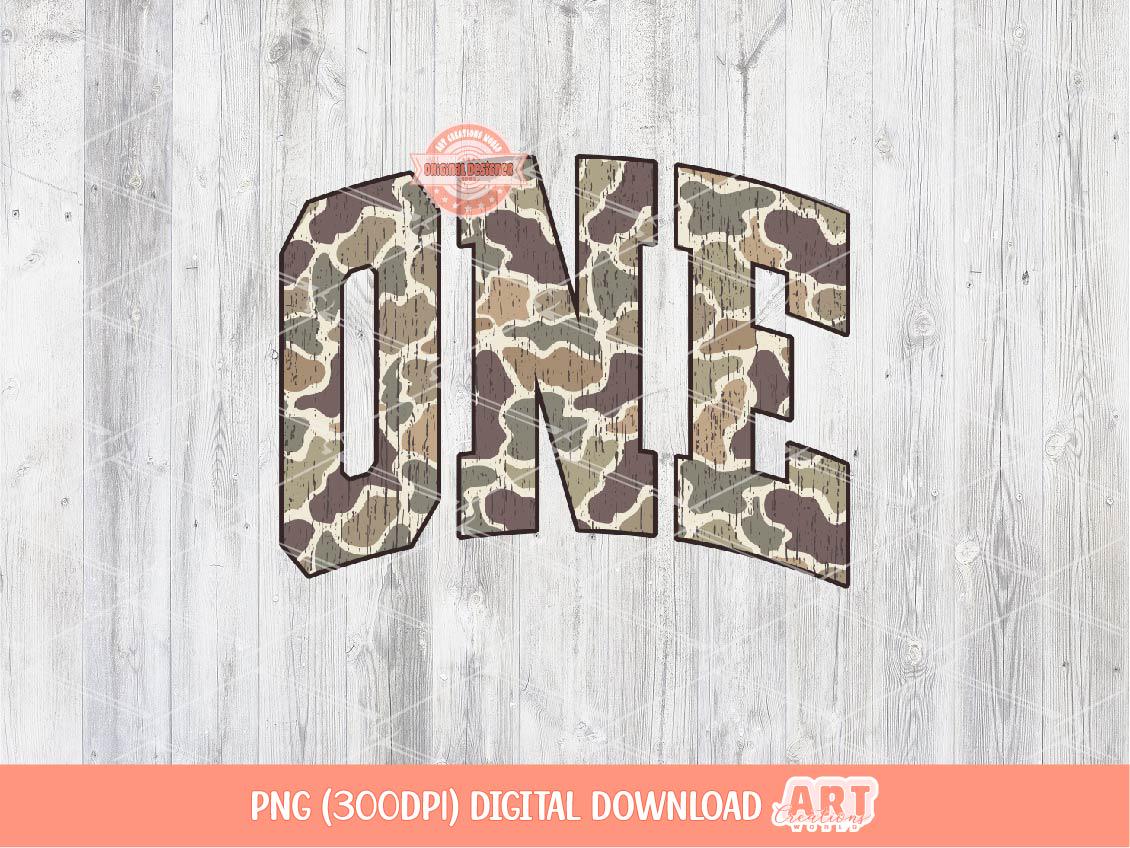 One Grunge Camo PNG: Distressed Varsity First Birthday Shirt Design (Digital Download)