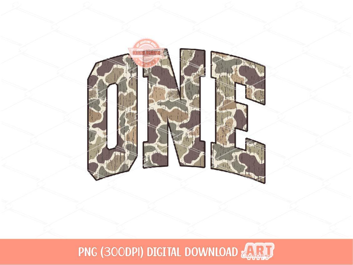 One Grunge Camo PNG: Distressed Varsity First Birthday Shirt Design (Digital Download)