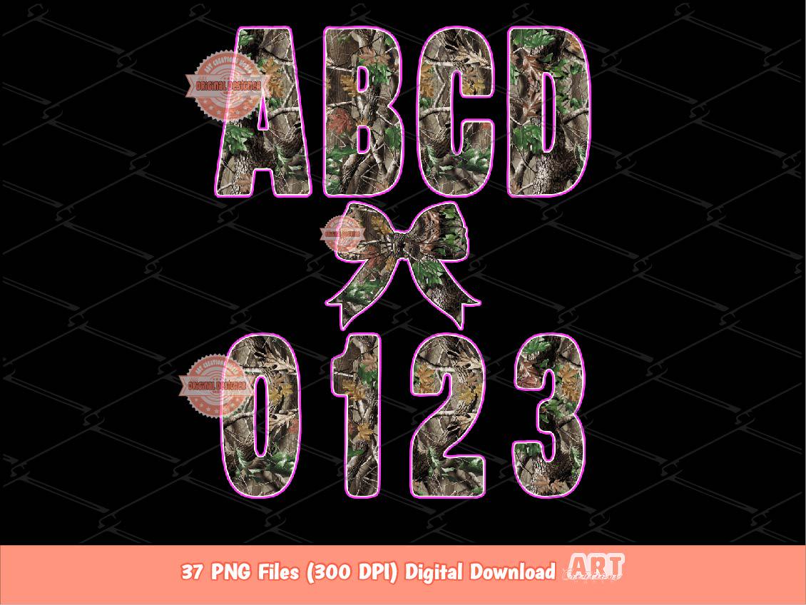 Forest Camo Alphabet PNG: Hunting Army Letters & Numbers Pink Outline Clipart (Digital Download)