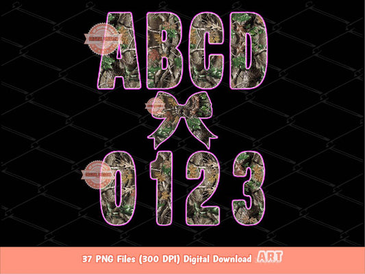 Forest Camo Alphabet PNG: Hunting Army Letters & Numbers Pink Outline Clipart (Digital Download)