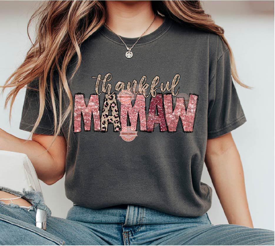 Thankful Mamaw PNG, Pink Leopard Sequin Thanksgiving Grandma Shirt Design (Digital Download)
