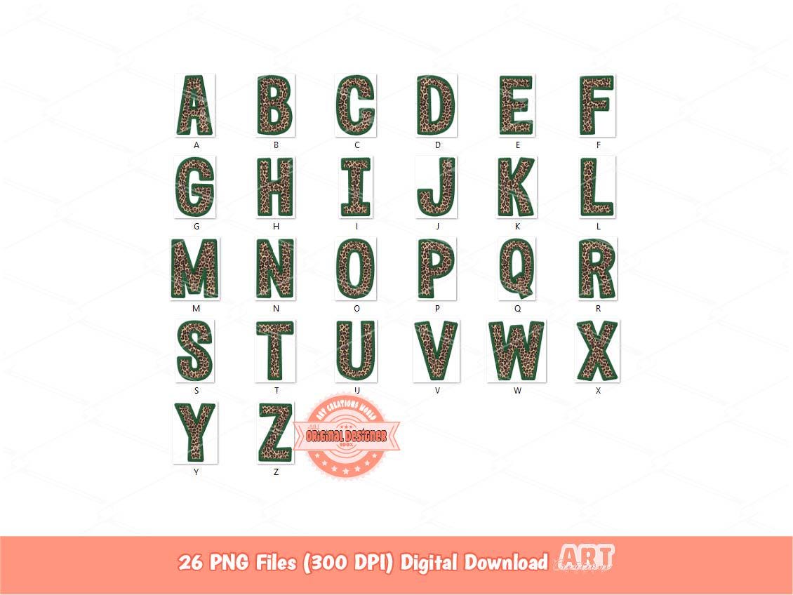 Green Leopard Print Letters PNG, Faux Embroidery Alphabet Clipart (PNG Digital Download)