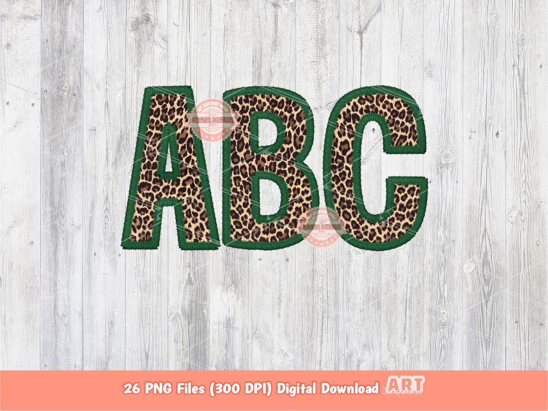 Green Leopard Print Letters PNG, Faux Embroidery Alphabet Clipart (PNG Digital Download)
