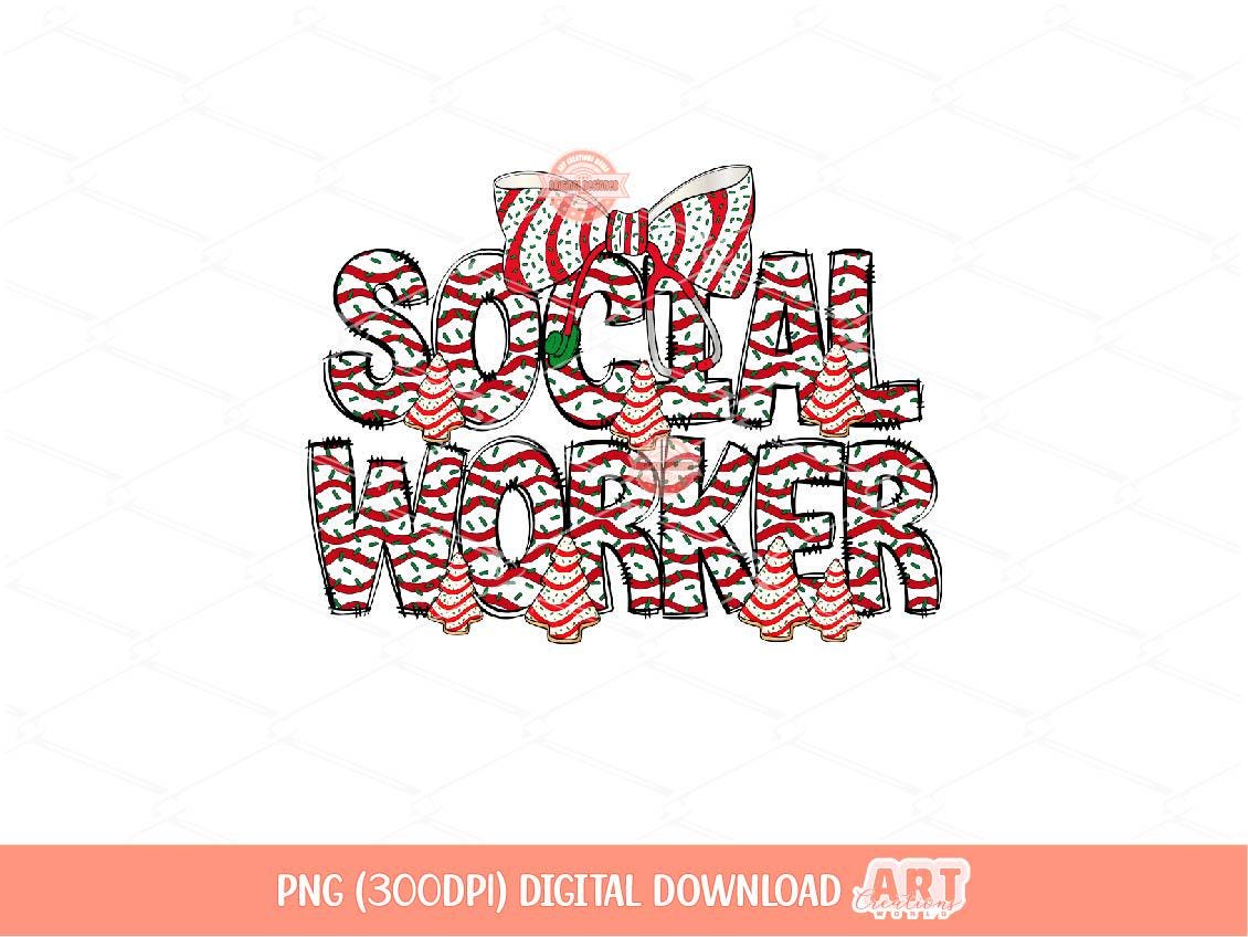 Social Worker Christmas Tree Cake PNG, Coquette bow Sublimation Healthcare Shirt Design Digital Download