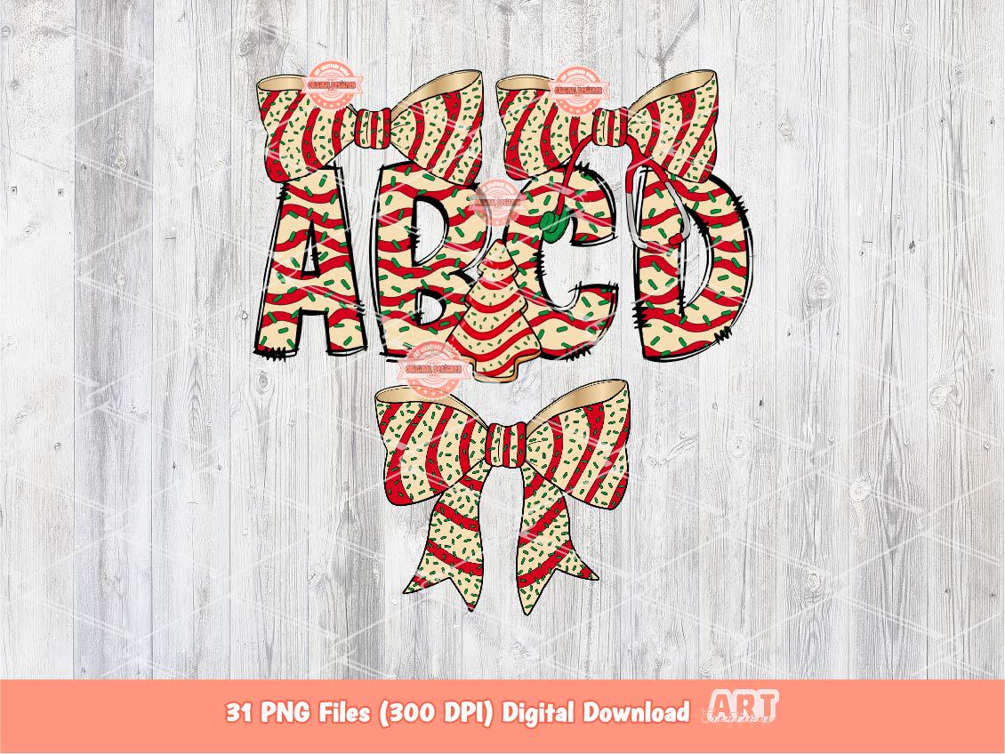 Christmas Tree Cake Alphabet PNG Bundle, Coquette Doodle Letters & Stethoscope Nurse Bow Clipart