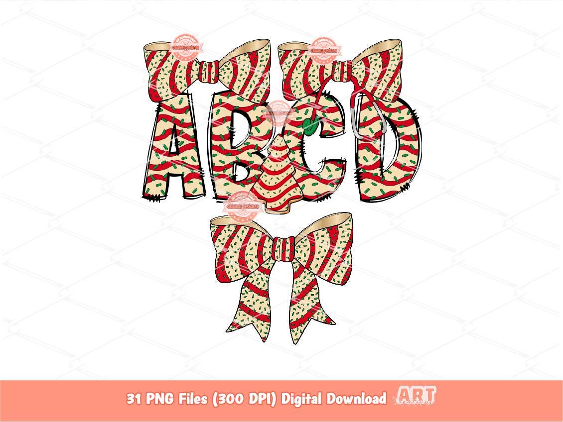 Christmas Tree Cake Alphabet PNG Bundle, Coquette Doodle Letters & Stethoscope Nurse Bow Clipart
