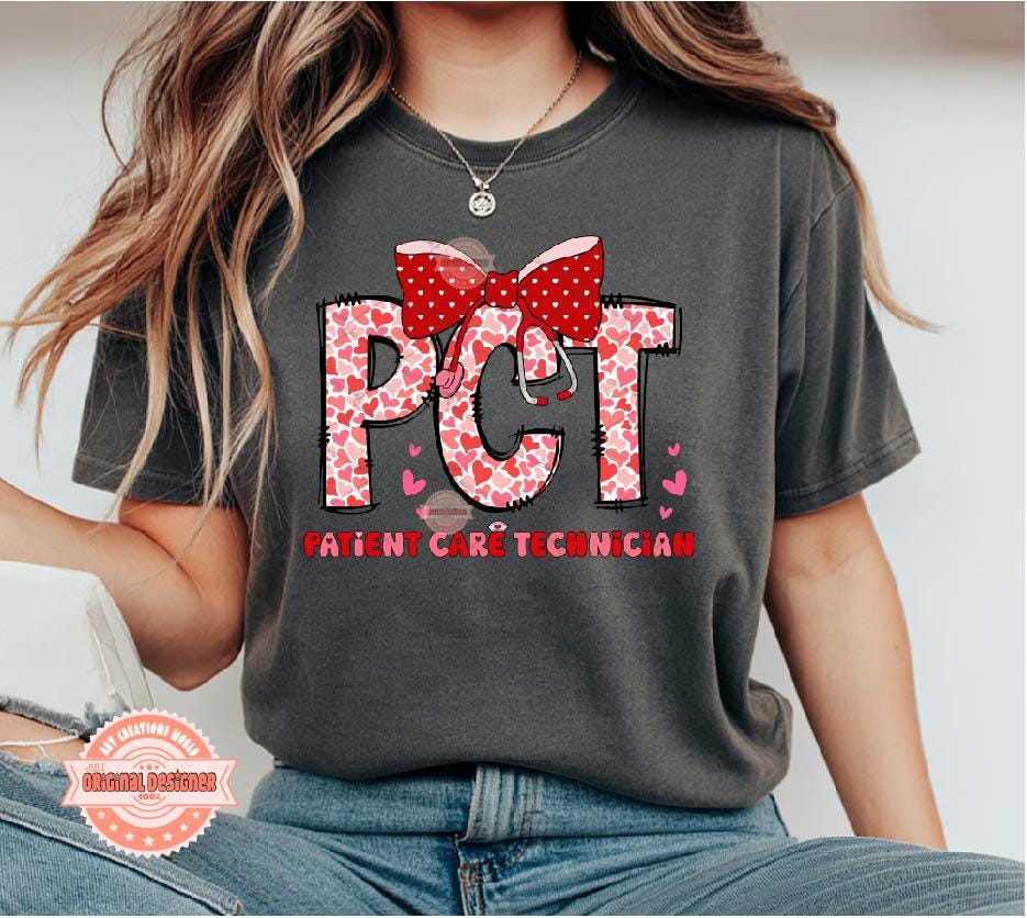 PCT Valentine PNG, Coquette Patient Care Tech Sublimation Shirt Design Digital Download