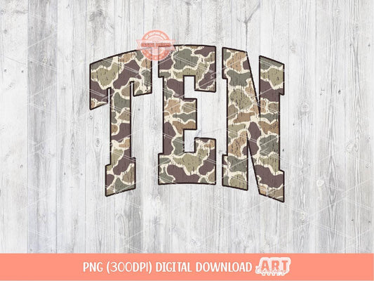 Ten Grunge Camo PNG, 10th Birthday Distressed Camouflage Sublimation Shirt Design (Digital Download)