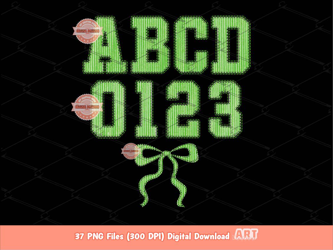 Green Seersucker Varsity Alphabet PNG, Preppy Striped Letters & Numbers Clipart (Digital Download)