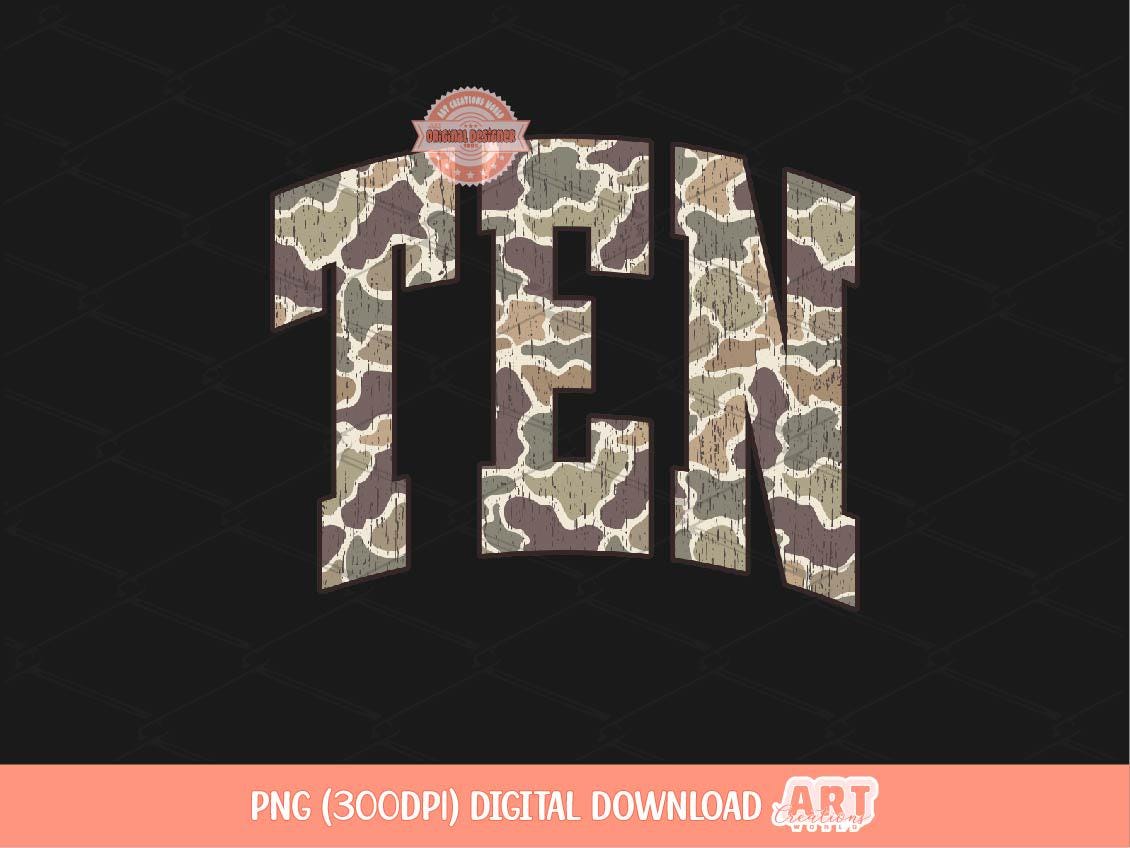 Ten Grunge Camo PNG, 10th Birthday Distressed Camouflage Sublimation Shirt Design (Digital Download)