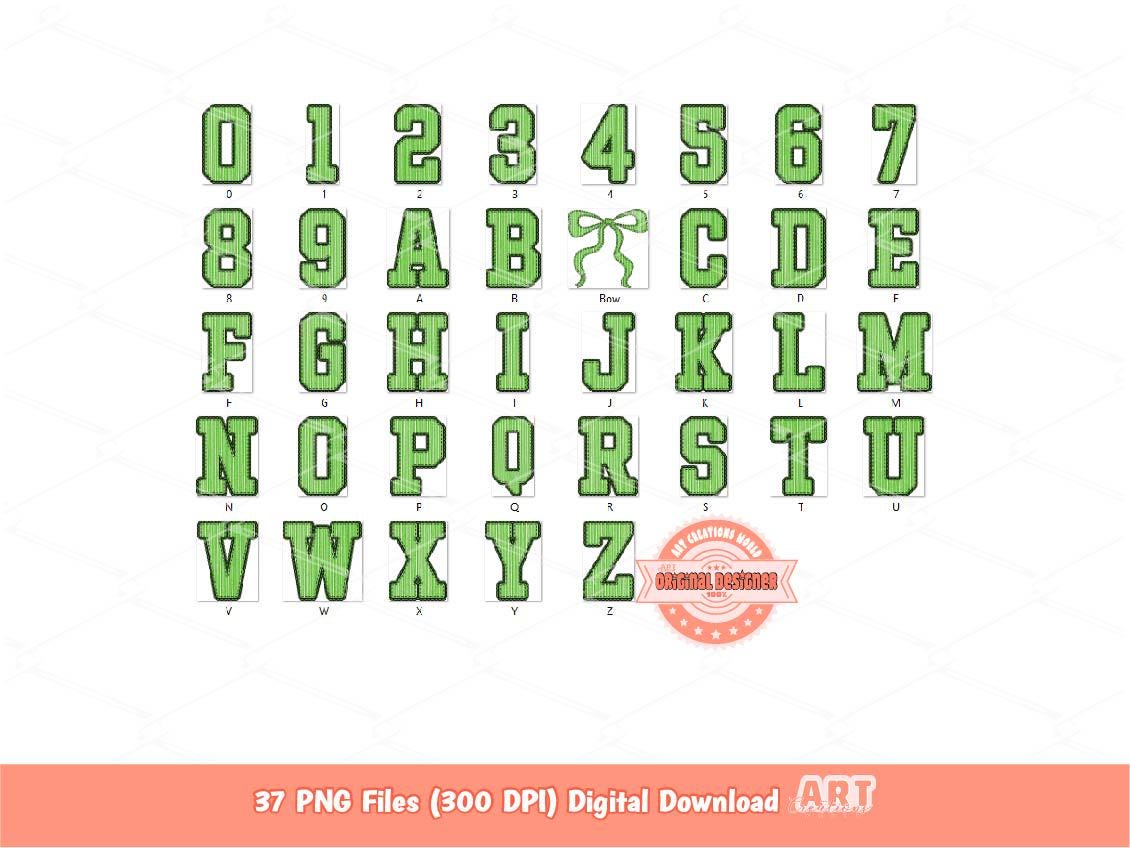 Green Seersucker Varsity Alphabet PNG, Preppy Striped Letters & Numbers Clipart (Digital Download)