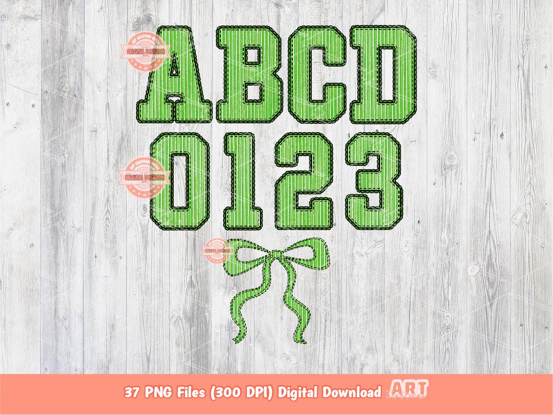 Green Seersucker Varsity Alphabet PNG, Preppy Striped Letters & Numbers Clipart (Digital Download)