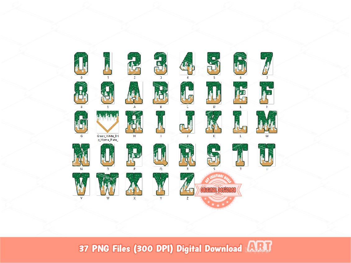 Green White Drip Alpha and Plate PNG Bundle | Baseball Letters & Numbers Clipart (Digital Download)