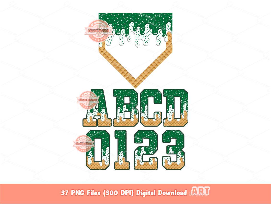 Green White Drip Alpha and Plate PNG Bundle | Baseball Letters & Numbers Clipart (Digital Download)