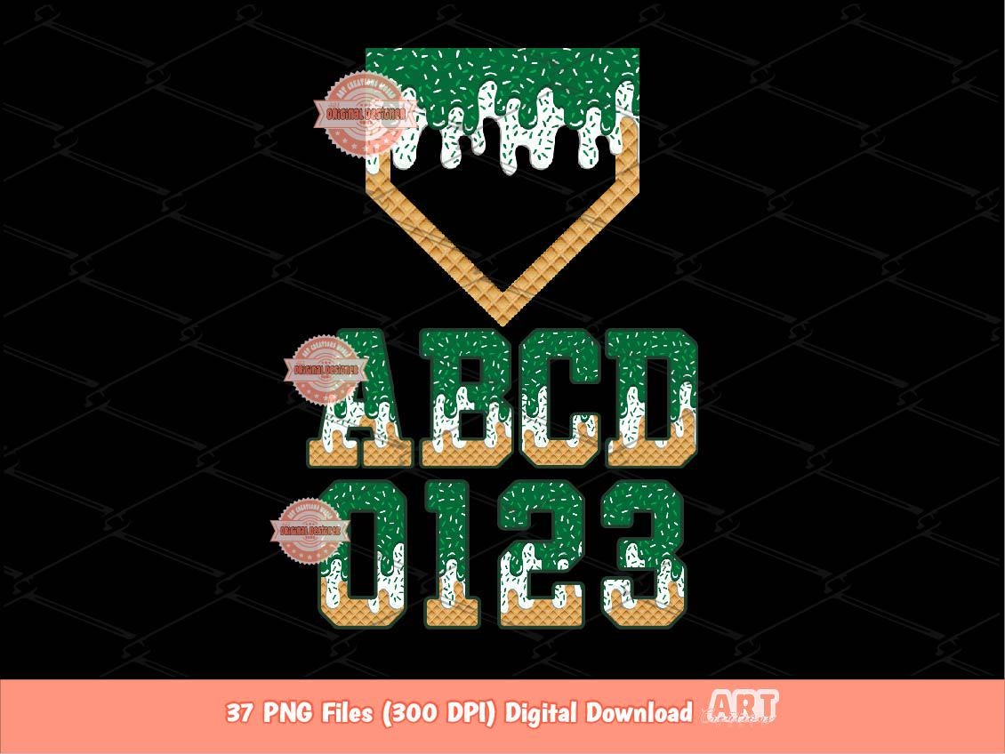 Green White Drip Alpha and Plate PNG Bundle | Baseball Letters & Numbers Clipart (Digital Download)