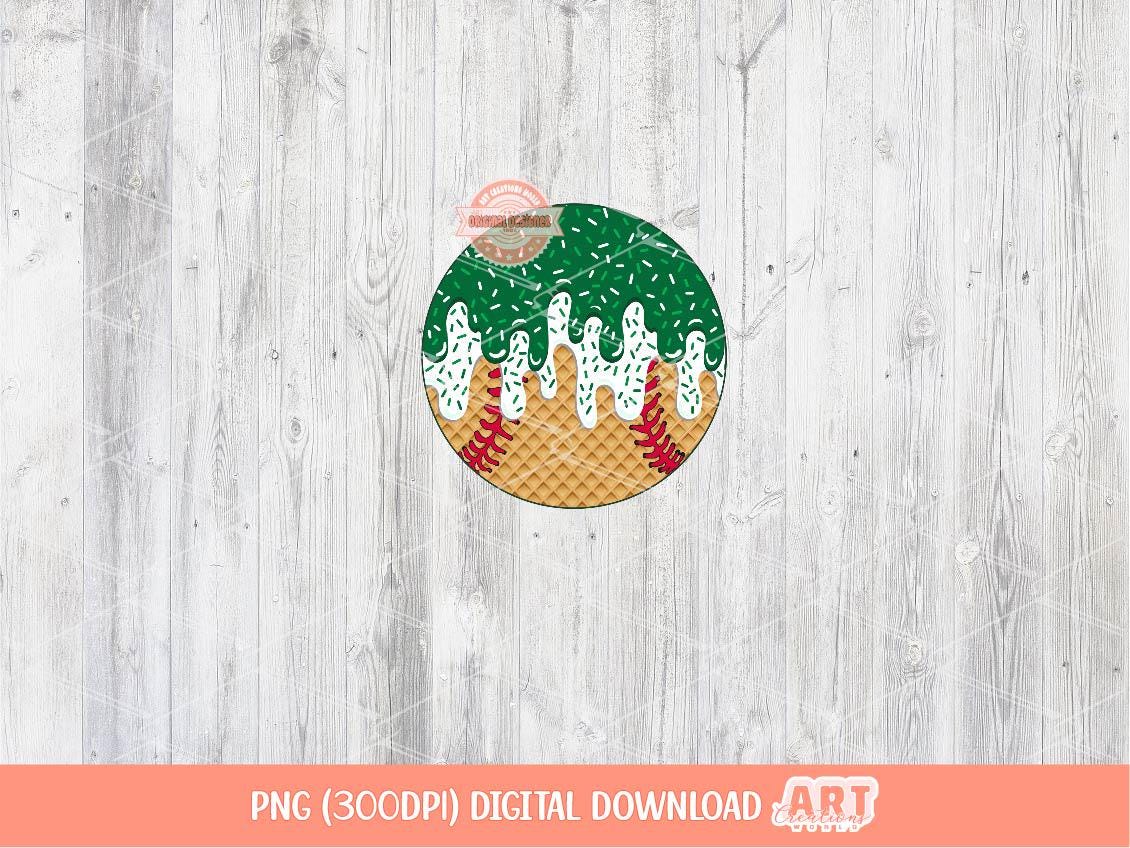 Drip Baseball PNG | Green & White Ice Cream Waffle Cone Sport Ball Clipart (Digital Download