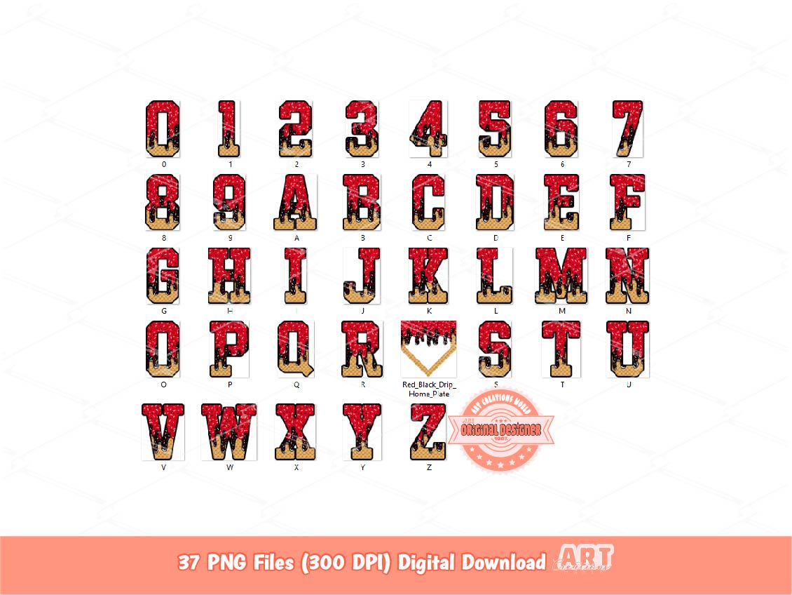 Red Black Drip Alphabet and Plate PNG Bundle, Baseball Letters & Numbers Clipart