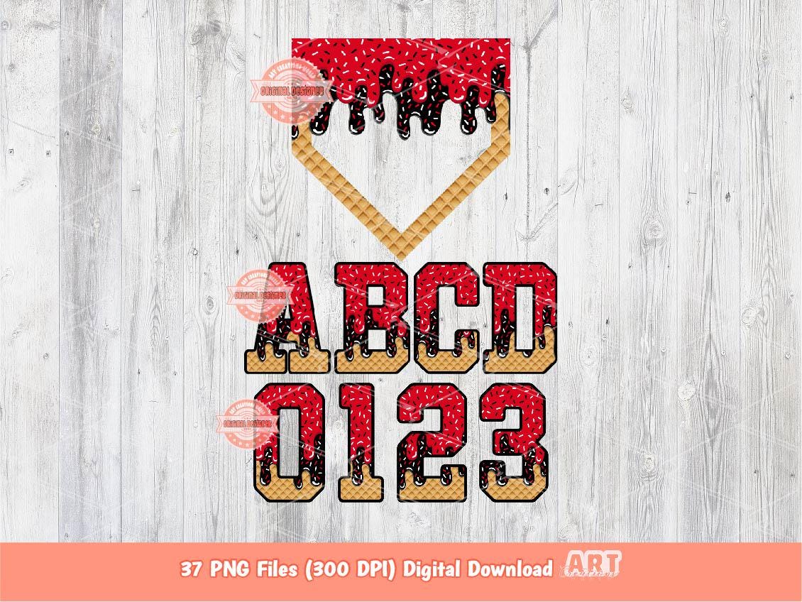 Red Black Drip Alphabet and Plate PNG Bundle, Baseball Letters & Numbers Clipart