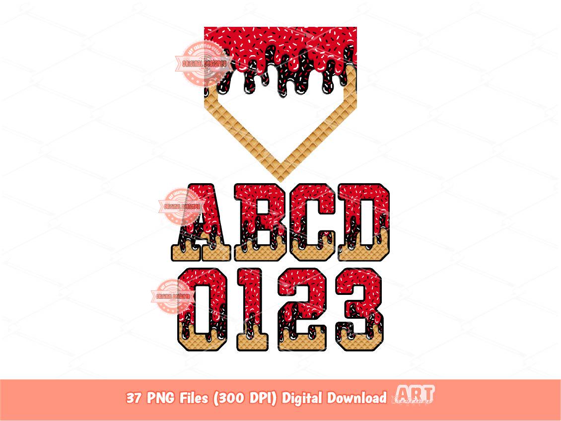 Red Black Drip Alphabet and Plate PNG Bundle, Baseball Letters & Numbers Clipart