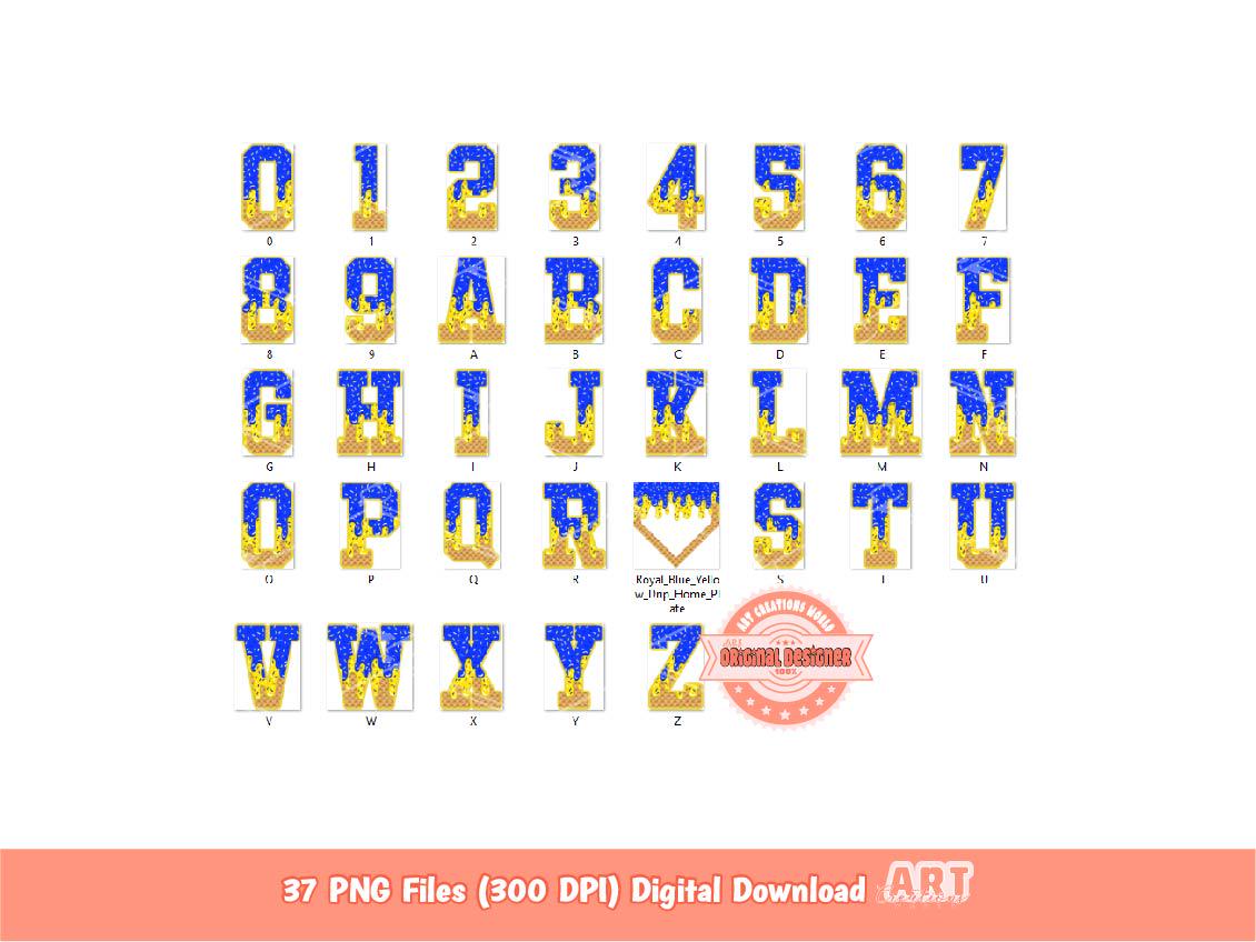 Drippy Varsity Alphabet PNG Bundle, Royal Blue & Yellow Letters, Numbers and Home Plate Clipart