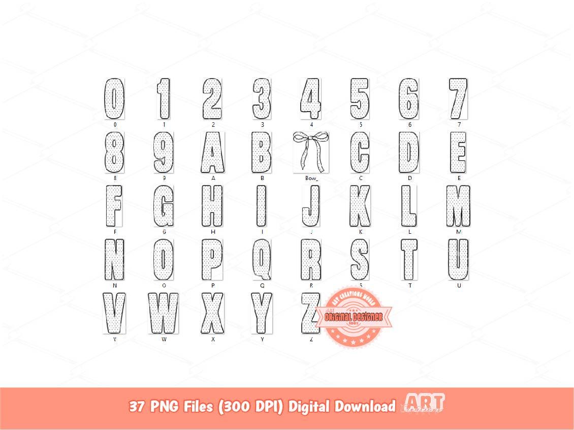 Polka Dot Alphabet PNG, Trendy Black and White Letters & Numbers Clipart (Digital Download)