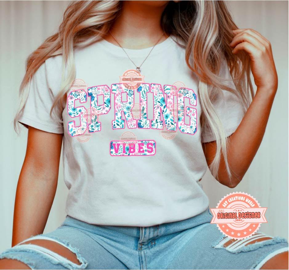 Spring Vibes PNG, Preppy Floral Varsity Spring Easter Sublimation Shirt Design Digital Download