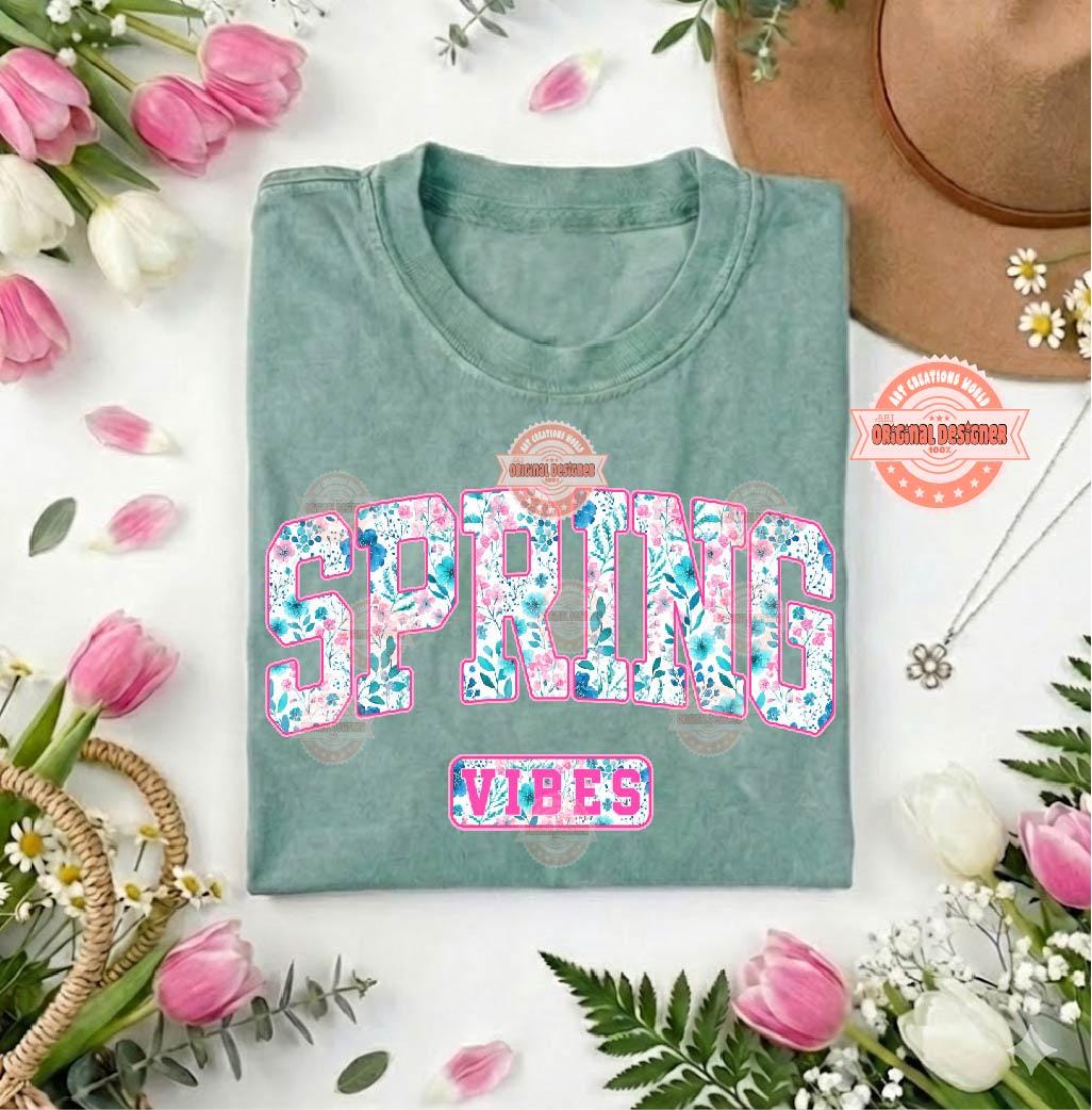 Spring Vibes PNG, Preppy Floral Varsity Spring Easter Sublimation Shirt Design Digital Download