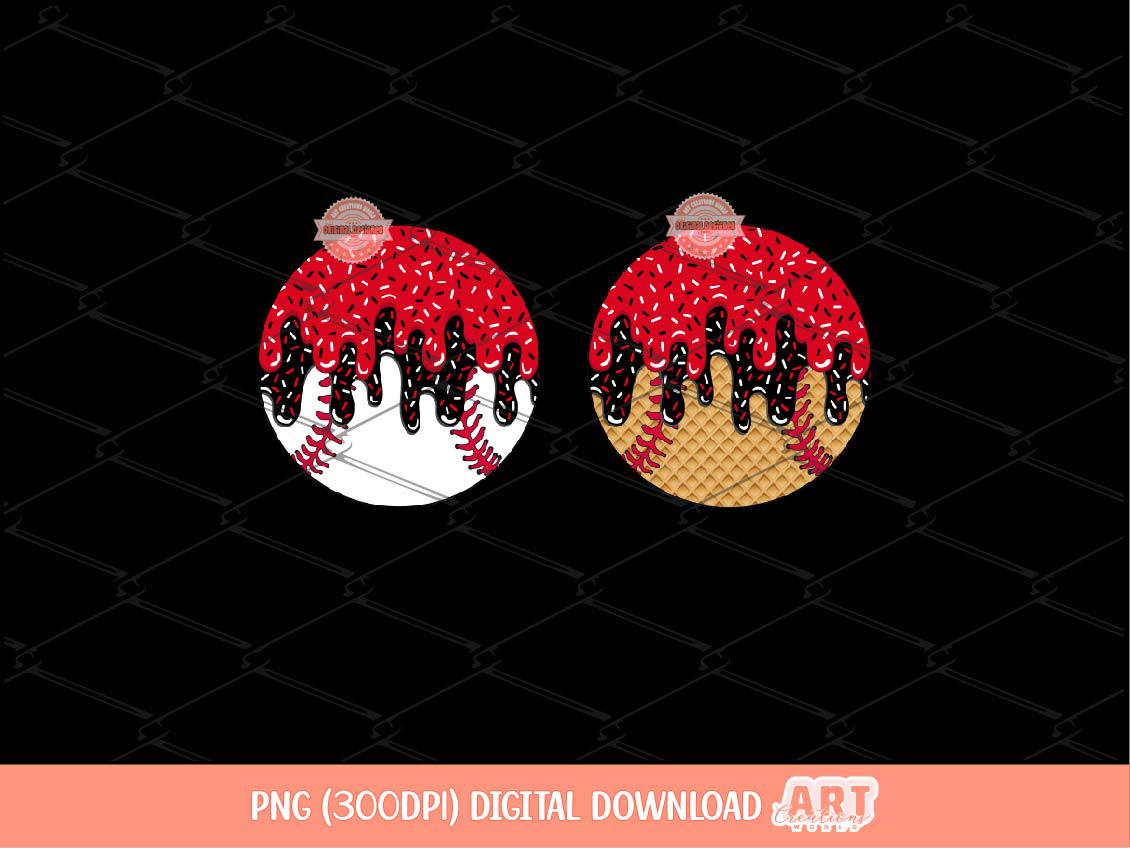 Drip Baseball PNG, Red & Black Ice Cream Waffle Cone Sport Ball Clipart