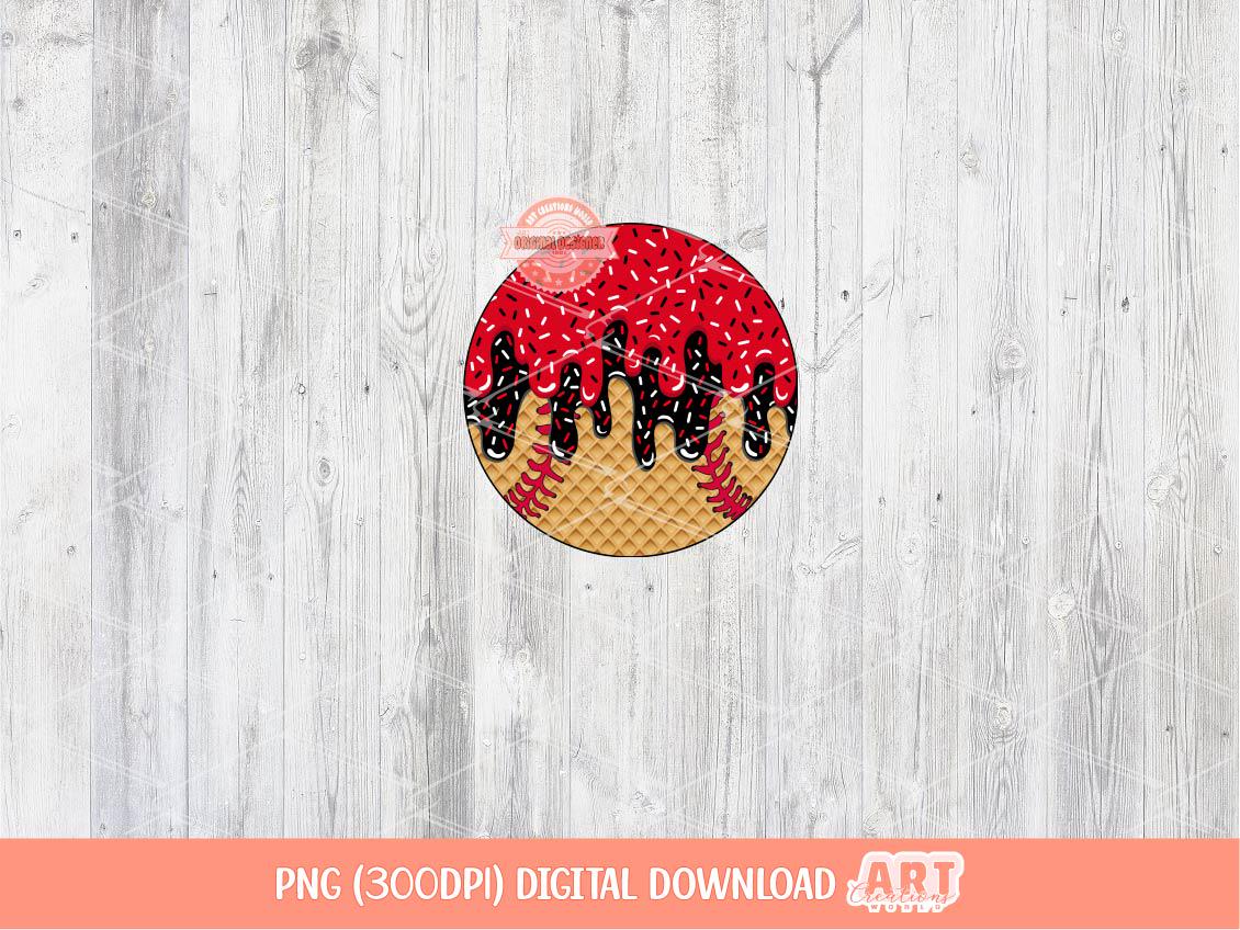 Drip Baseball PNG, Red & Black Ice Cream Waffle Cone Sport Ball Clipart