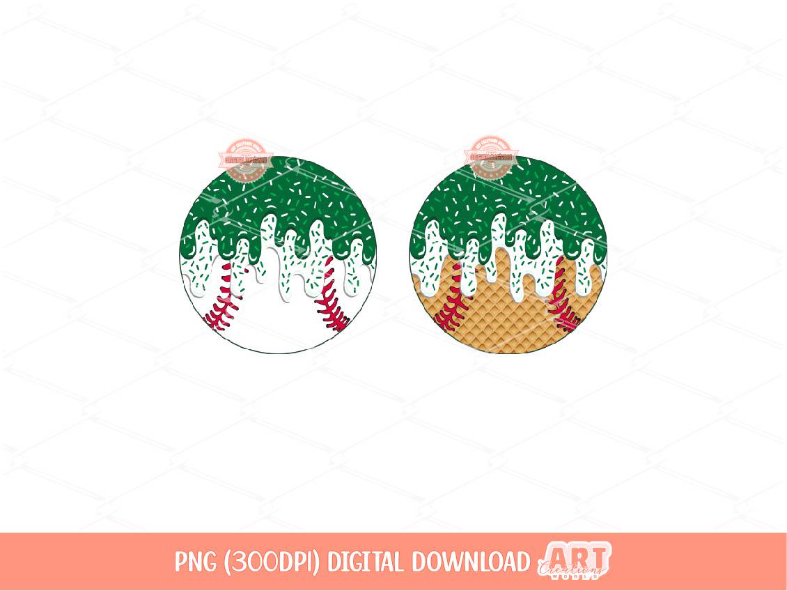 Drip Baseball PNG | Green & White Ice Cream Waffle Cone Sport Ball Clipart (Digital Download