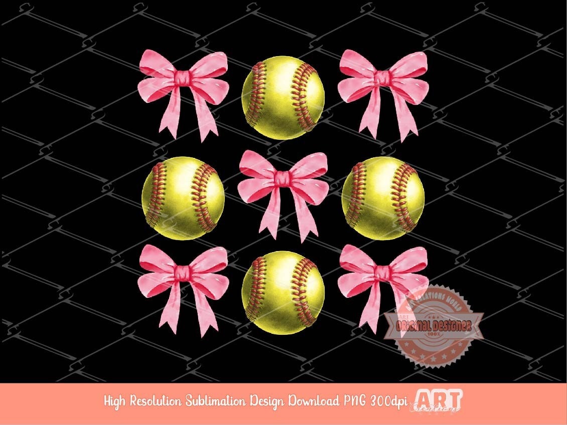 Coquette Softball PNG, Pink Ribbon Bows Watercolor Sublimation Design (Digital Download)