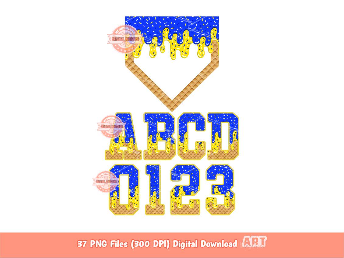 Drippy Varsity Alphabet PNG Bundle, Royal Blue & Yellow Letters, Numbers and Home Plate Clipart