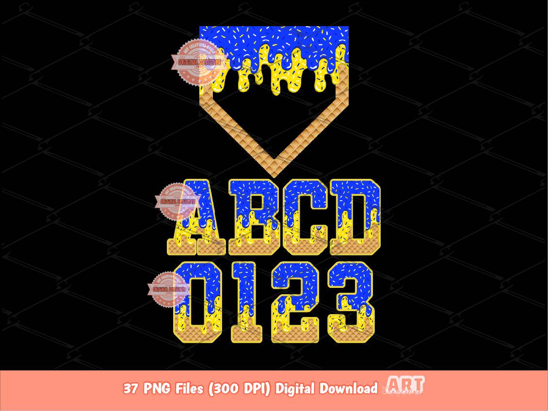 Drippy Varsity Alphabet PNG Bundle, Royal Blue & Yellow Letters, Numbers and Home Plate Clipart