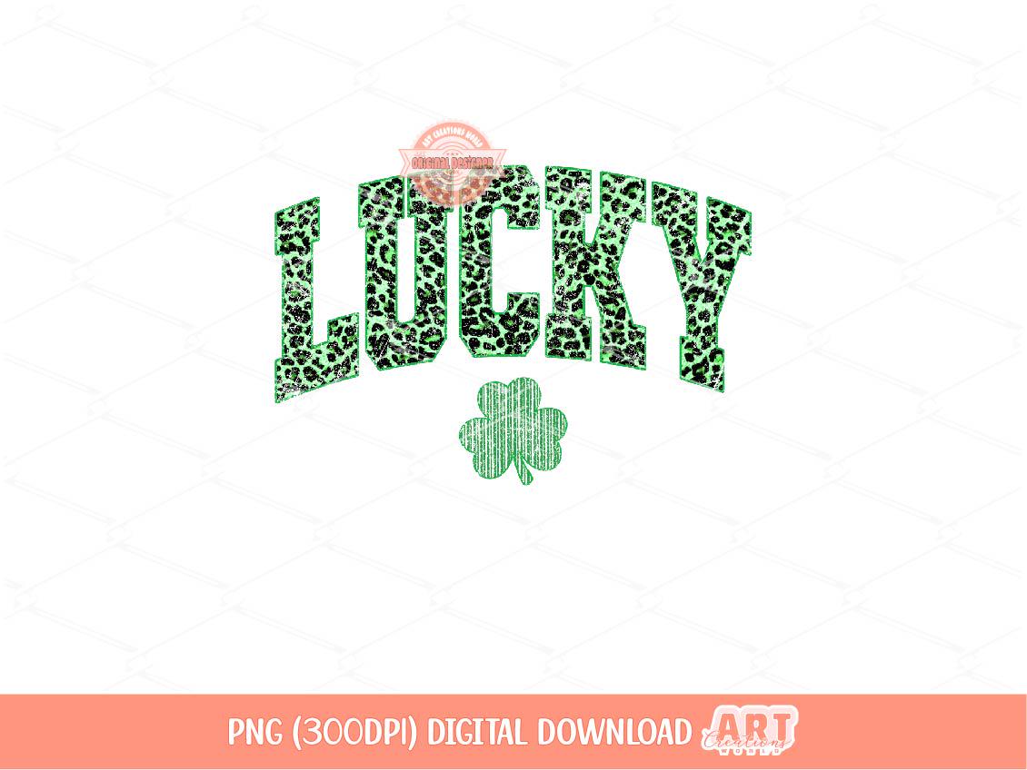 Lucky PNG, St Patricks Day Sublimation Shirt Design, Green Leopard Print Shamrock, Distressed Retro